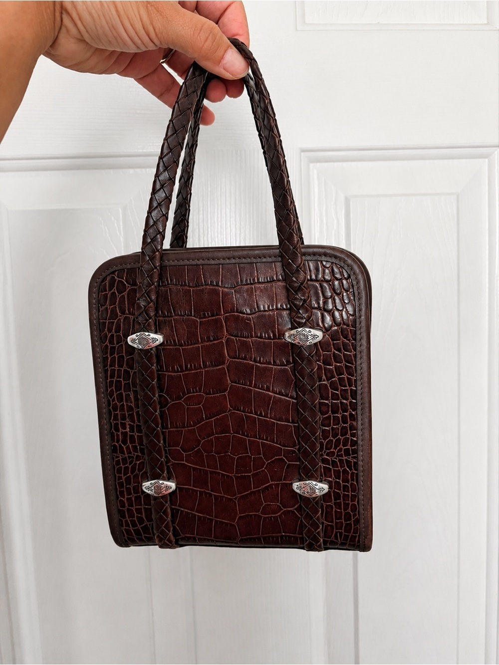 Brighton Vintage Croc-Embossed Dark Brown Woven leather Handbag marketbag